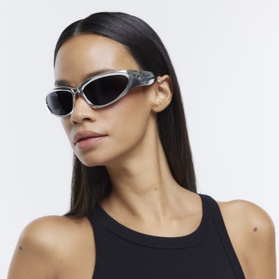 Silver curved wrapped sunglasses River Island