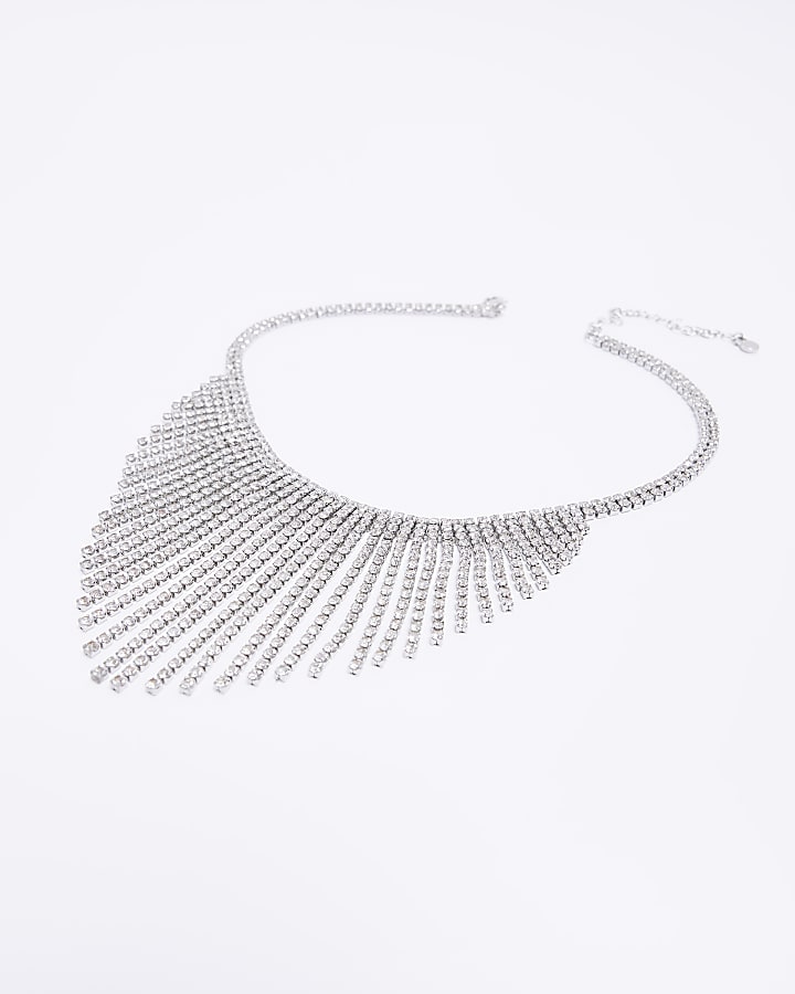 Silver denim diamante choker necklace