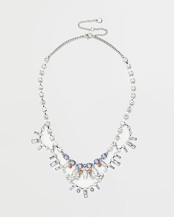 Silver diamante and stone necklace