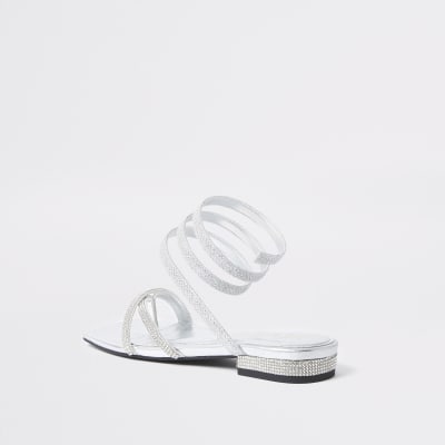 Silver diamante ankle wrap flat sandal