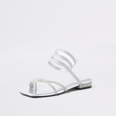 Silver diamante ankle wrap flat sandal