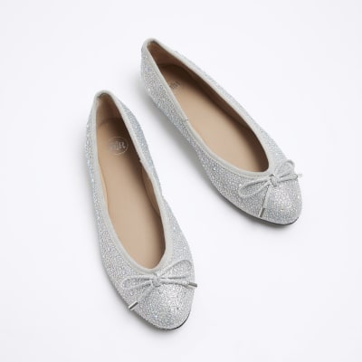 Silver diamante ballet shoes | River Island