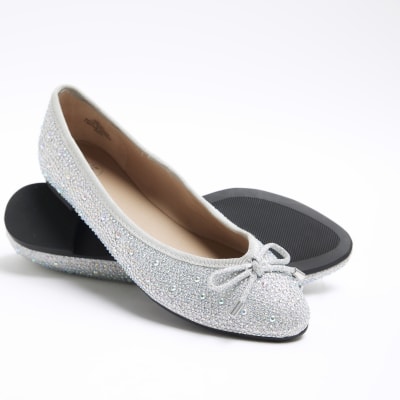 Silver diamante ballet shoes | River Island