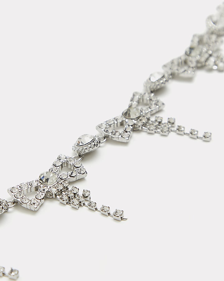 Silver diamante bow necklace