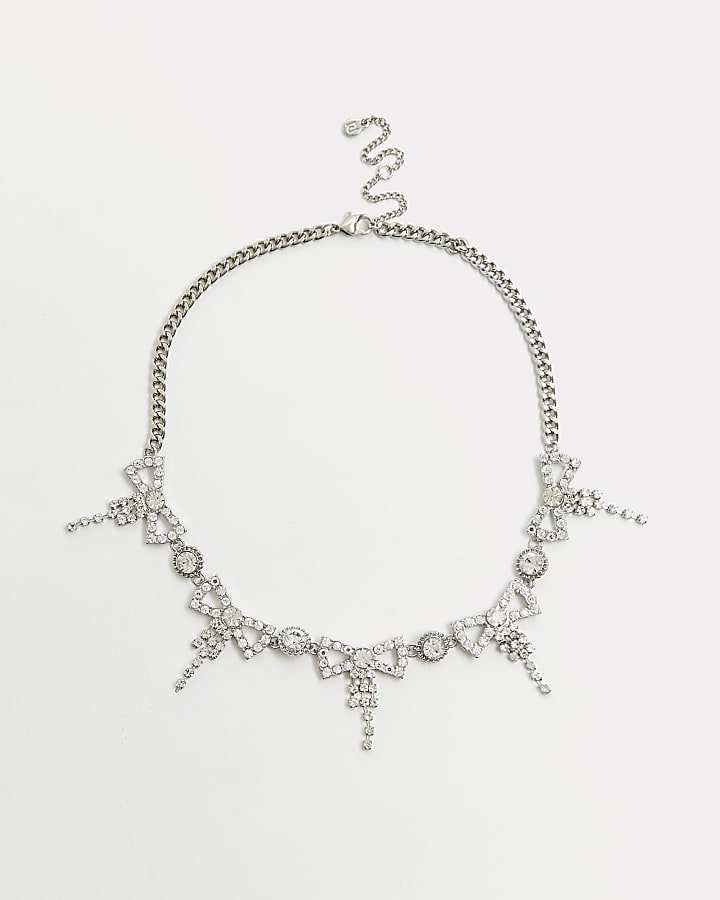 Silver diamante bow necklace