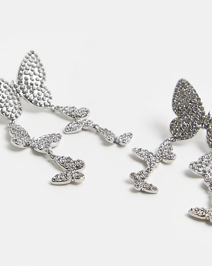 Silver diamante butterfly drop earrings