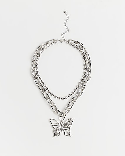 Silver diamante butterfly necklace