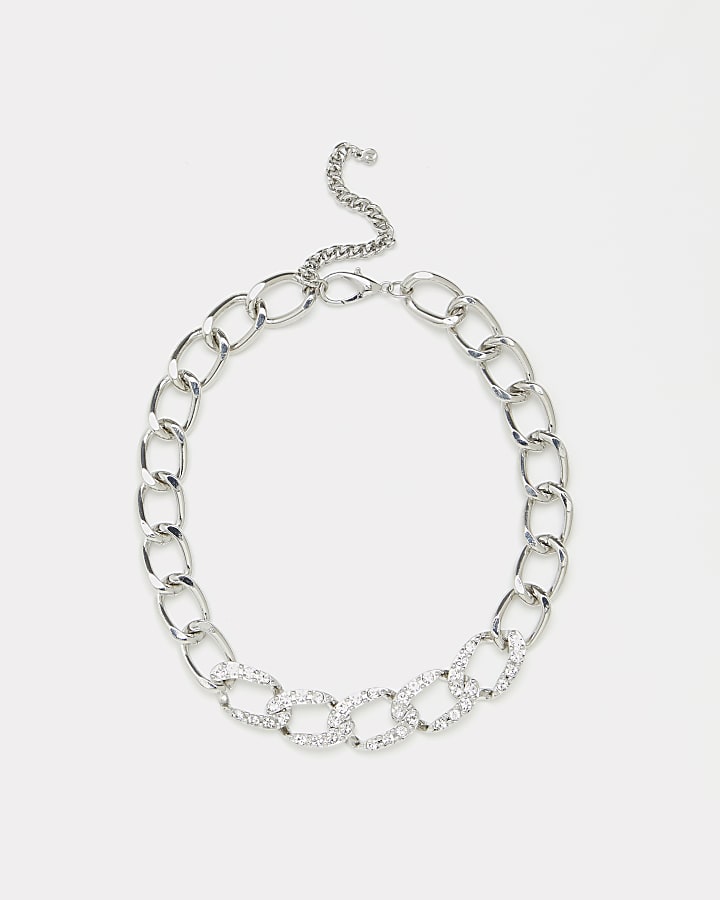 Silver diamante chain link necklace