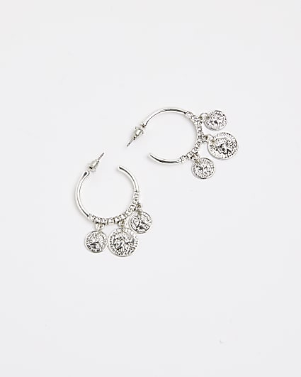 Silver diamante coin pendant drop earrings
