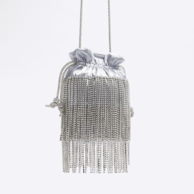 Silver diamante cross body bag River Island