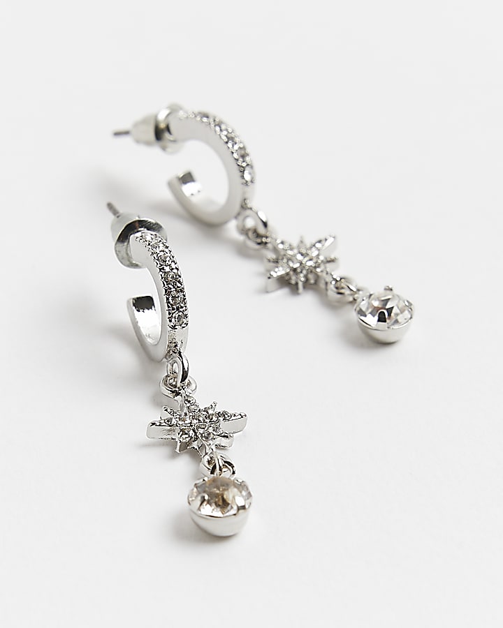 Silver diamante drop hoop earrings