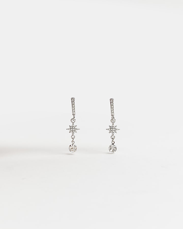 Silver diamante drop hoop earrings