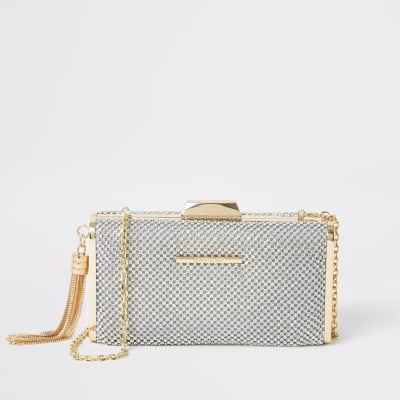 Silver diamante embellished box clutch bag River Island