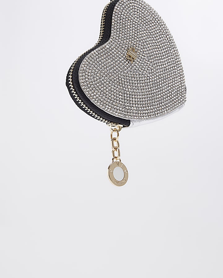 Silver diamante embellishment heart purse