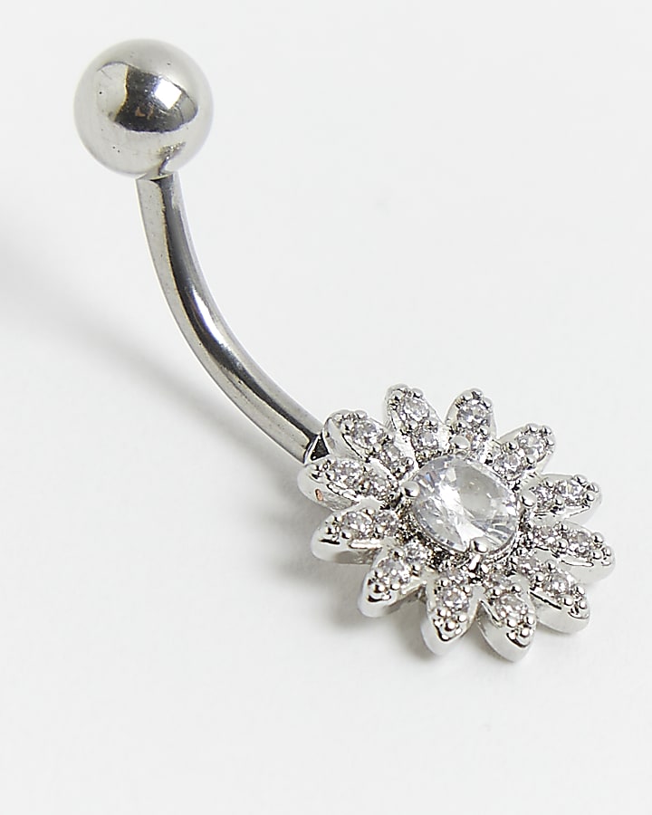 Silver diamante flower belly bar