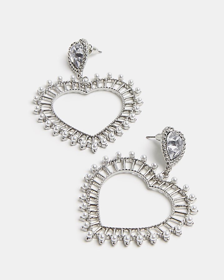 Silver diamante heart drop earrings
