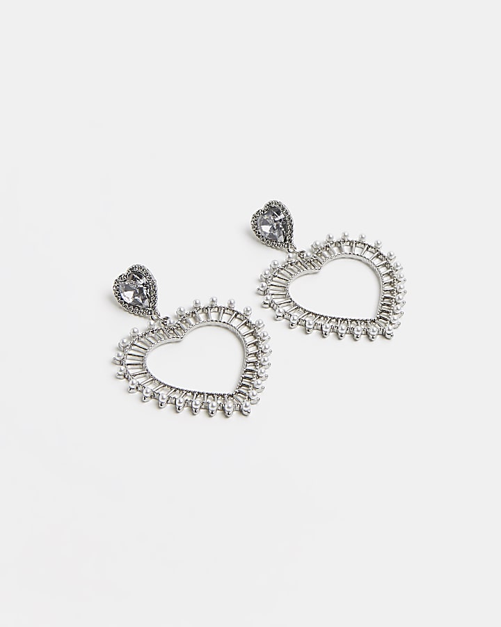 Silver diamante heart drop earrings