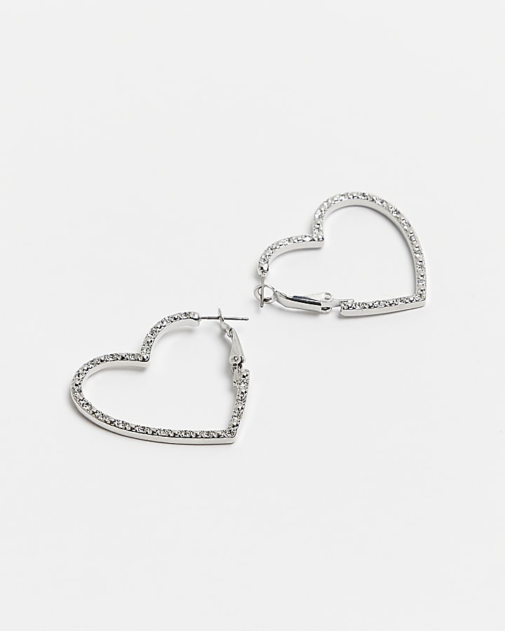 Silver diamante heart hoop earrings