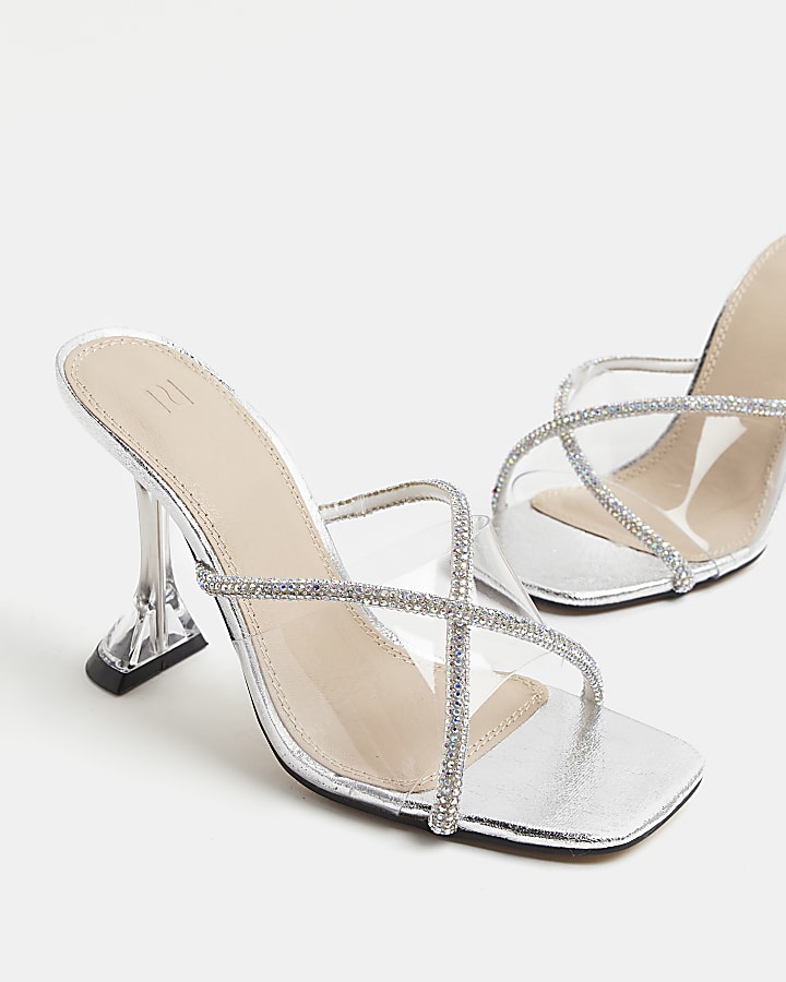 Silver diamante heeled mules