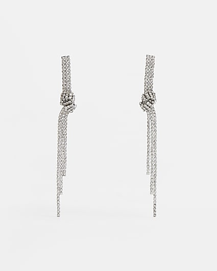 Silver diamante knot detail drop earrings