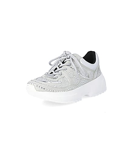360 degree animation of product Silver diamante lace-up chunky trainers frame-0