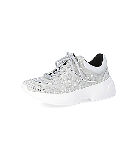 360 degree animation of product Silver diamante lace-up chunky trainers frame-1