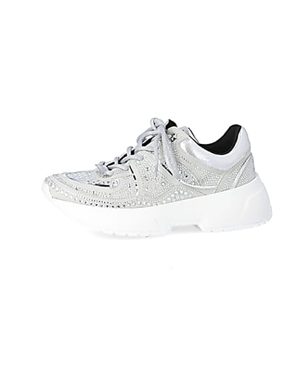 360 degree animation of product Silver diamante lace-up chunky trainers frame-2
