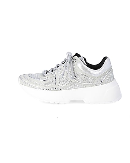 360 degree animation of product Silver diamante lace-up chunky trainers frame-3