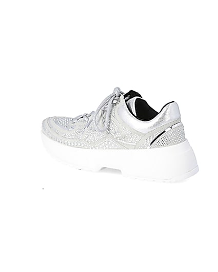 360 degree animation of product Silver diamante lace-up chunky trainers frame-5