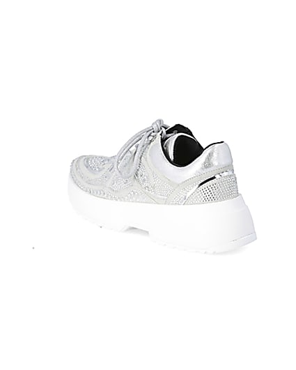360 degree animation of product Silver diamante lace-up chunky trainers frame-6