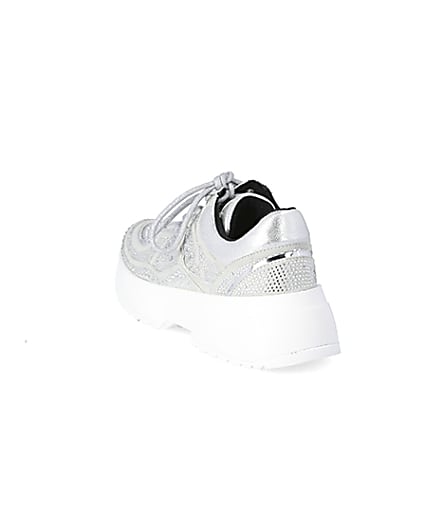 360 degree animation of product Silver diamante lace-up chunky trainers frame-7