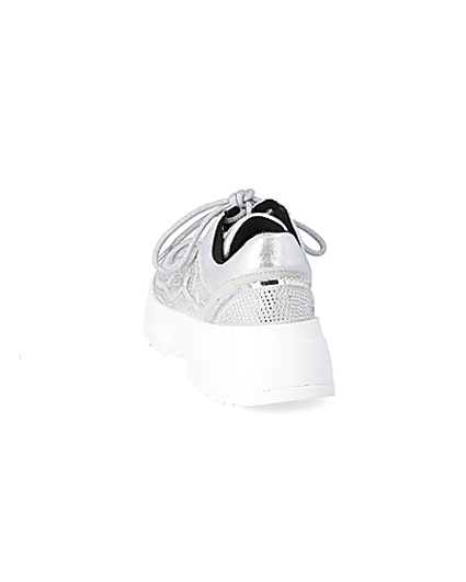 360 degree animation of product Silver diamante lace-up chunky trainers frame-8