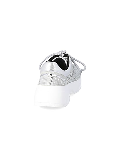 360 degree animation of product Silver diamante lace-up chunky trainers frame-10