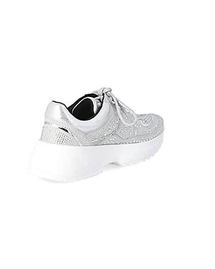 360 degree animation of product Silver diamante lace-up chunky trainers frame-12
