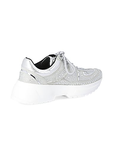 360 degree animation of product Silver diamante lace-up chunky trainers frame-13