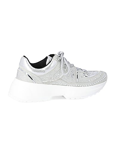 360 degree animation of product Silver diamante lace-up chunky trainers frame-14