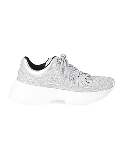 360 degree animation of product Silver diamante lace-up chunky trainers frame-15