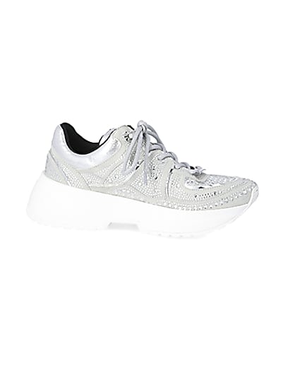 360 degree animation of product Silver diamante lace-up chunky trainers frame-16
