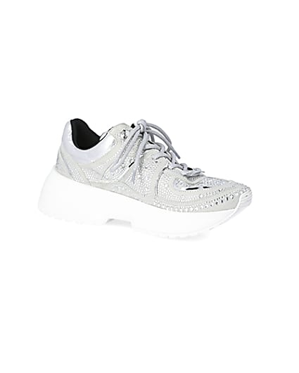 360 degree animation of product Silver diamante lace-up chunky trainers frame-17