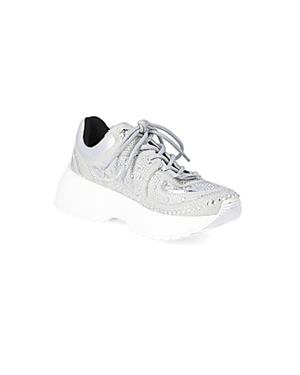 360 degree animation of product Silver diamante lace-up chunky trainers frame-18