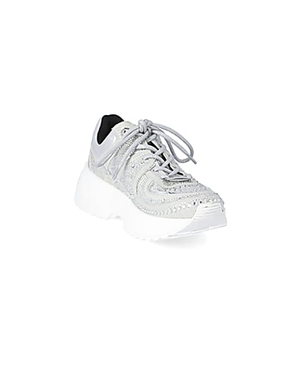 360 degree animation of product Silver diamante lace-up chunky trainers frame-19