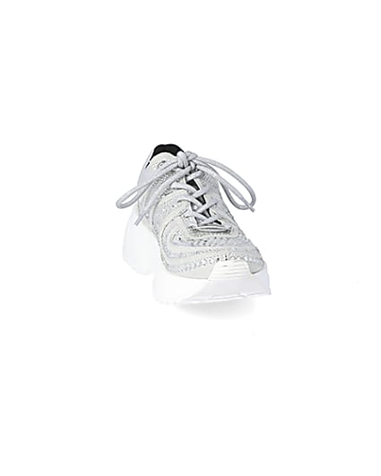 360 degree animation of product Silver diamante lace-up chunky trainers frame-20
