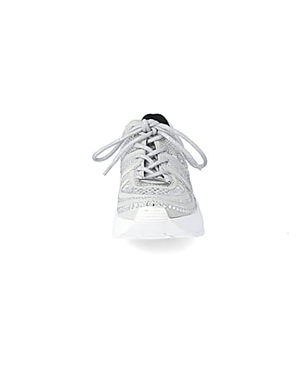 360 degree animation of product Silver diamante lace-up chunky trainers frame-21