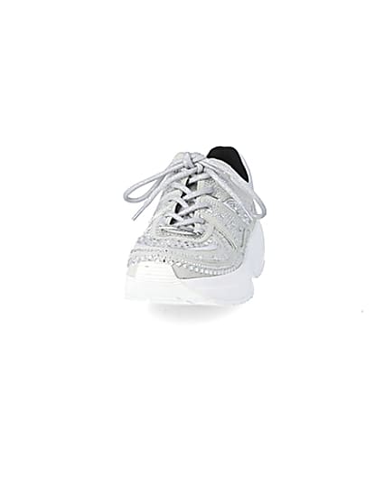 360 degree animation of product Silver diamante lace-up chunky trainers frame-22