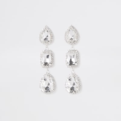 Silver diamante mixed shape drop earrings