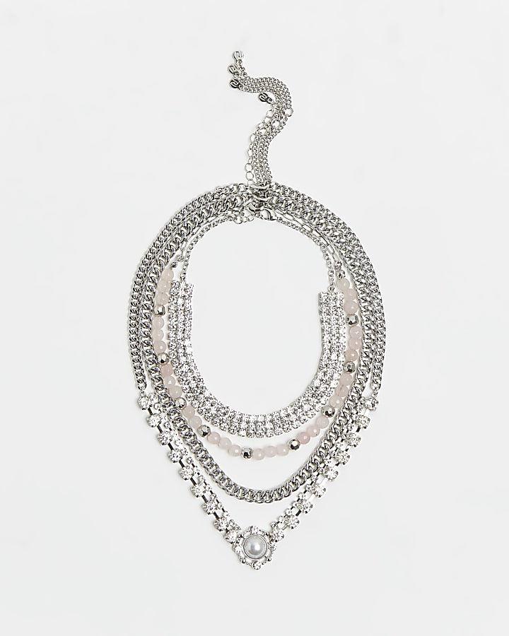Silver diamante multirow necklace