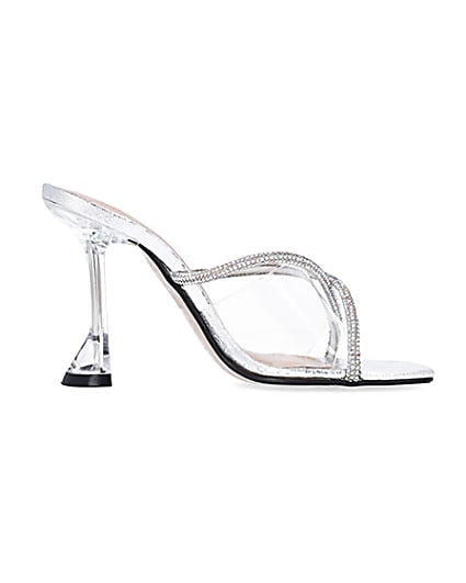 360 degree animation of product Silver diamante perspex heeled mules frame-15