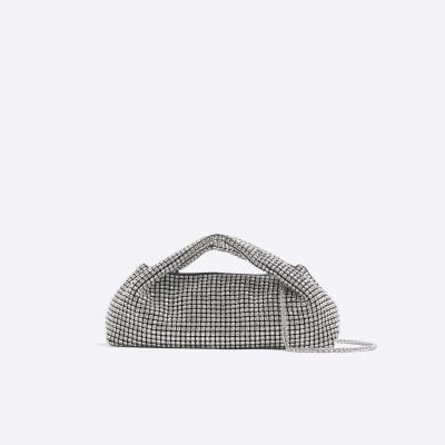 Silver Diamante Scoop Clutch Bag River Island