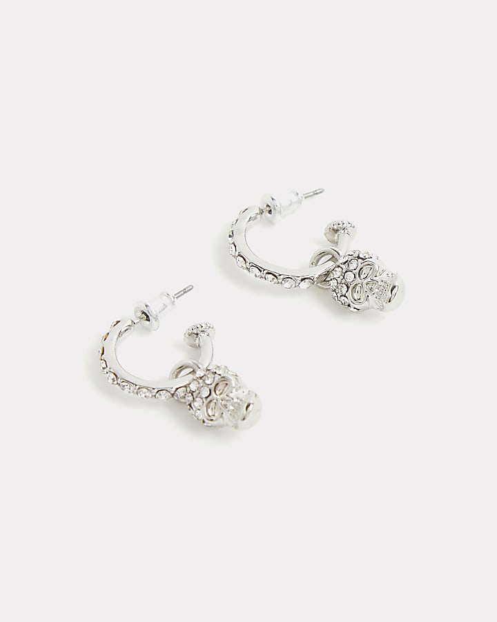 Silver diamante skull hoop earrings