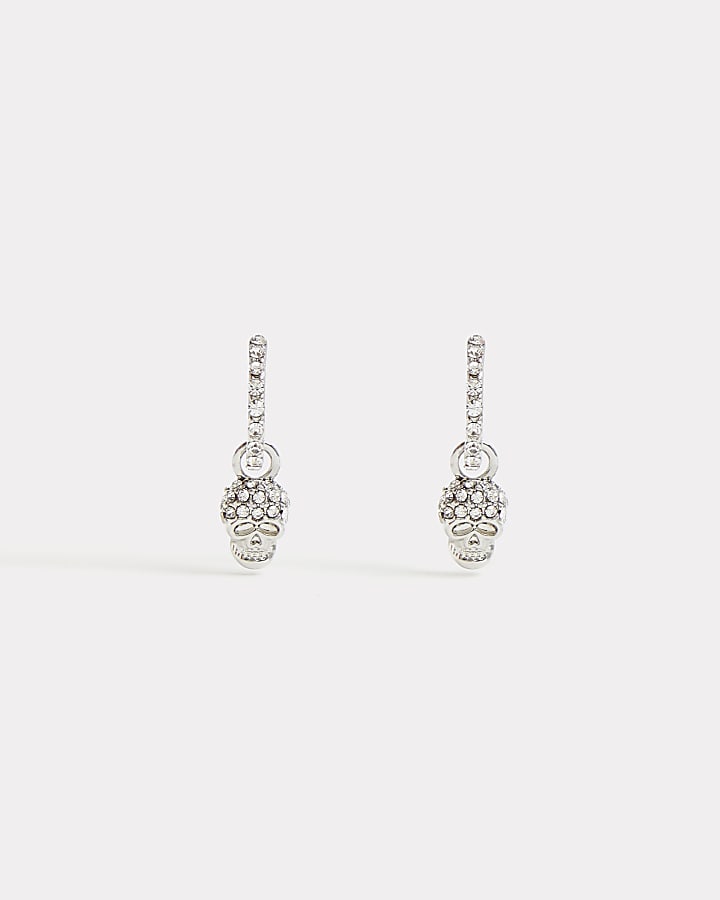 Silver diamante skull hoop earrings